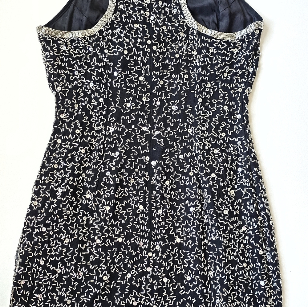 A.J. Bari Petites Silk Hand Beaded Fringe Cocktail Dress Black Silver Gatsby 20s - Picture 12 of 15